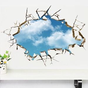 3D Wandtattoo mit realistischem blauem Himmel und Mauerdurchbruch für Wohnzimmerdeko