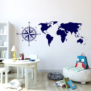 Adesivo murale mappa del mondo blu navy con bussola per ufficio o camera da letto decor