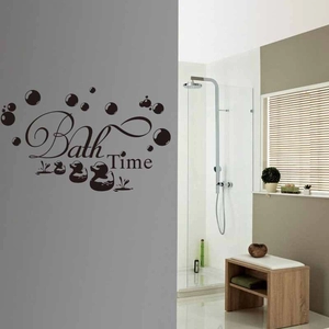 Detail of cute Bath Time wall sticker with ducks and bubbles for modern bathroom decor