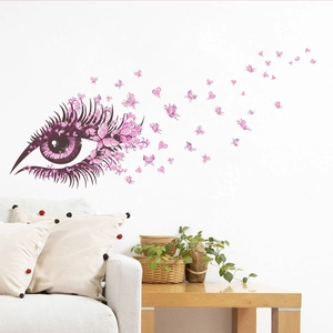 Pink floral eye wall decal with butterflies for romantic bedroom and living room decor