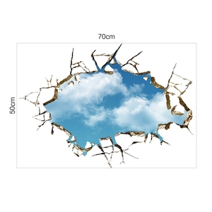 Nahaufnahme 3D Wandtattoo mit Mauerdurchbruch, blauem Himmel und Wolken, 70cm x 50cm Format