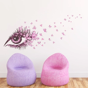 Pink butterfly eye wall sticker with floral vines and hearts for bedroom wall decor