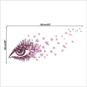 Detailed dimensions of pink butterfly eye wall stickers measuring 135cm by 65cm