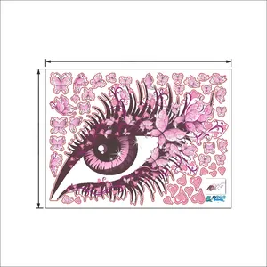 Detail view of 60x45cm wall sticker featuring pink butterflies and a large eyelash eye