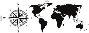 Dettaglio della mappa del mondo e bussola adesiva con dimensioni 110cm per 38,8cm