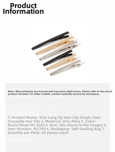 Detailed view of long duckbill hair clips in zinc alloy, 20 pieces per pack, multi-color