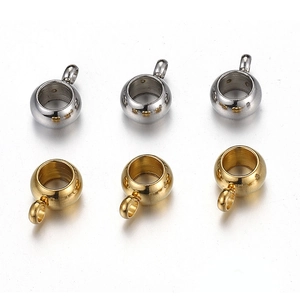 Polished stainless steel large hole beads with welded rings in silver and gold finish