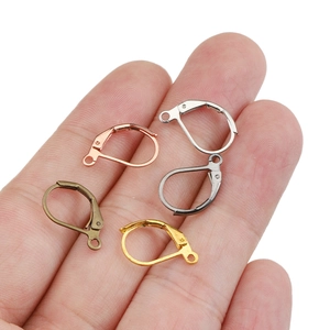 Five colors of lever back earring hooks displayed on fingertips for size comparison