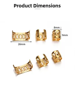 Detailed dimensions of hollow gold metal hair cuffs with intricate geometric patterns