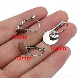 Detailed view of stainless steel earring hooks with flat pads in 10mm, 12mm, 14mm sizes