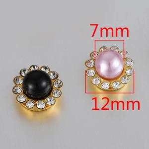 Detailed view of 12mm gold sunflower buttons with pearl center and rhinestones
