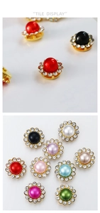 Detailed close-up of golden sunflower rhinestones and pearl buttons in various colors