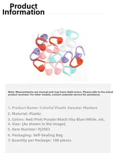 Detailed table of colorful plastic knitting stitch markers showing 100 piece pack specs