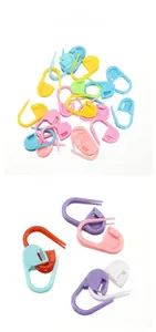 Detailed tile display of colorful plastic stitch markers for knitting and DIY sewing