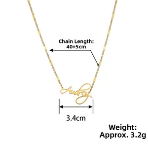 Detail of Audrey name necklace in gold titanium steel with chain length 45cm and 3.2g weight