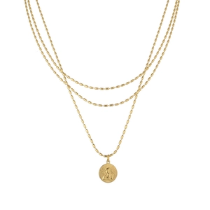 Collar de tres capas de acero de titanio dorado con cadenas de bolas y colgante Cupido