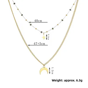 Dettagli della collana a doppio strato in oro 14K con ciondoli stella e luna e misure