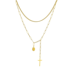 Dettaglio della collana a strati placcata oro 14K con moneta vintage e croce