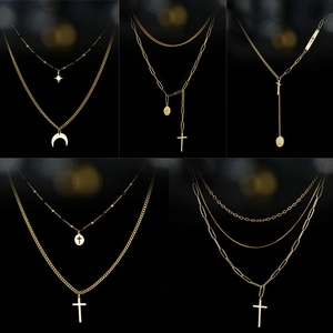 Collana a Strati in Acciaio al Titanio Vintage per Donna Placcata Oro Pendente Croce Luna Stella Moneta Gioielli Religiosi