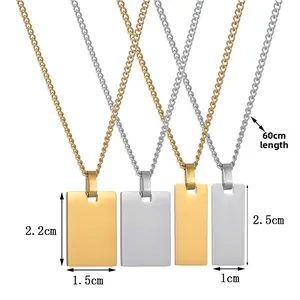 Detailed size specifications for gold and silver rectangle tag necklaces on 60cm chains