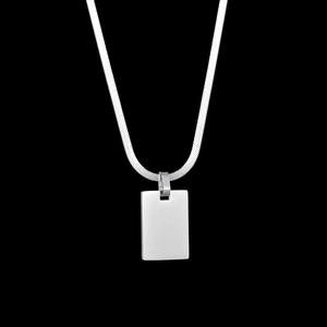 Minimalist silver square tag pendant necklace with a polished snake chain for men and women