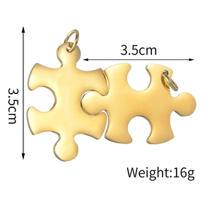 Detailed size chart for golden puzzle piece pendants measuring 3.5cm and weighing 16g