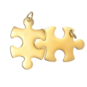 Polished gold puzzle piece pendants with interlocking design and mirrored metallic finish