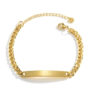 Close-up of golden stainless steel curb chain bracelet with blank rectangular ID plate