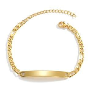 Close-up of golden Figaro chain bracelet featuring a polished rectangular ID bar and clasp