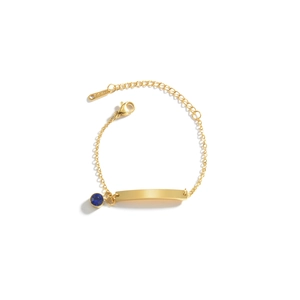 Pulsera infantil de acero inoxidable dorado con barra pulida y colgante de gema azul