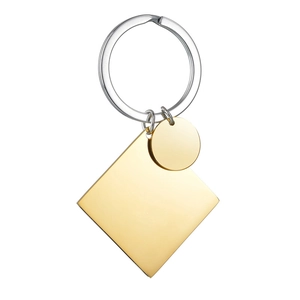Gepolijste sleutelhanger met vierkante en ronde gouden hangers voor gravering