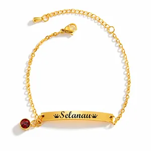 Pulsera de Barra Dorada de Acero Inoxidable Con Dije de Circonita Redonda Corona Grabada Cadena Ajustable Joyería para Mujeres Niños