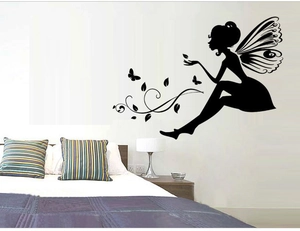 Elegant black flower fairy wall sticker silhouette with butterflies for bedroom decor