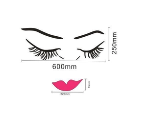 Detail view of eyelashes and pink lips wall sticker with specific size dimensions