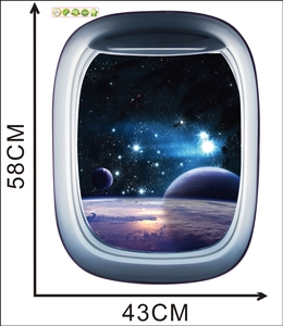 Detailed dimension guide for 3D spaceship window wall sticker measuring 58cm by 43cm