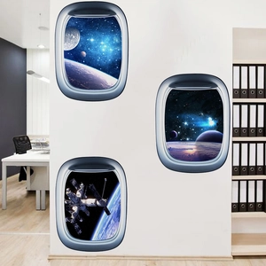Detailed 3D spaceship window wall stickers with realistic outer space galaxy view