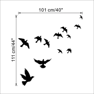 Detail showing the 101x111cm layout dimensions for black flying bird silhouette wall stickers