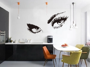 Détail de stickers muraux yeux noirs créatifs avec cils épais pour décoration moderne