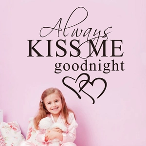 Always Kiss Me Goodnight black wall decal with interlocking hearts for bedroom decor