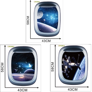 3D space porthole wall stickers featuring planets and international space stations