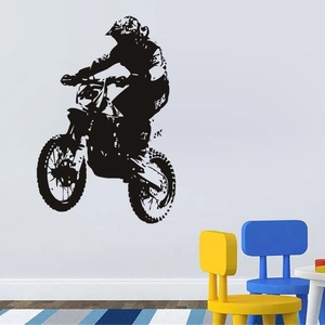 Sticker mural en vinyle noir silhouette motocross dynamique pour déco de chambre d'enfant