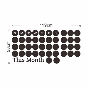 Detail view of monthly calendar wall decal showing dimensions 119cm width by 58cm height