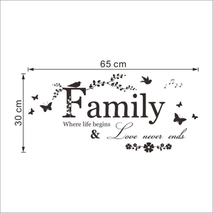 Detailed size specifications for Family Where Life Begins vinyl wall decal, 65cm x 30cm