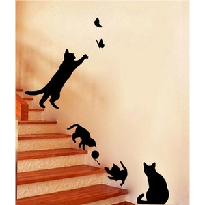 Decorative black cat silhouettes wall stickers with butterflies for living room and stairs
