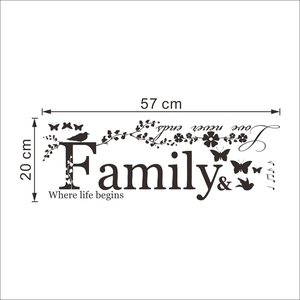 Detail view of Family quote wall decal with flowers and birds measuring 57cm by 20cm