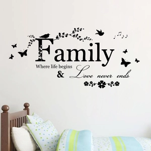 Family quote vinyl wall sticker with birds and flowers for living room decor