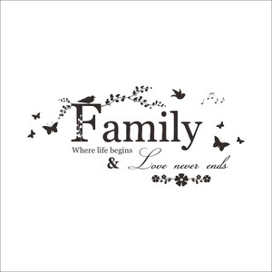 Detail of Family wall decal with vine and bird motifs on a plain white background