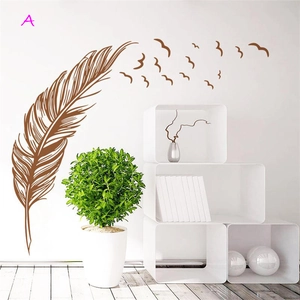 Large dark brown feather wall sticker with flying bird silhouettes for home decor