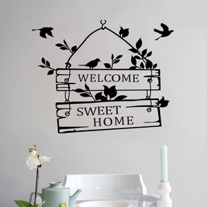 Welcome Sweet Home Oiseaux Branche d'Arbre Autocollant Mural en PVC Imperméable Amovible Mural pour Salon Chambre à Coucher
