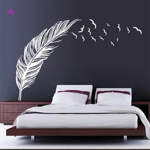 Elegant white feather wall decal with birds sticker for bedroom sofa background decor
